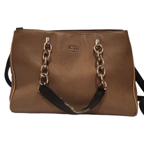 Guess Handbag Shoulder Bag Tan‎ with Chain Handles - Picture 1 of 13